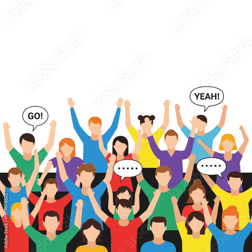 Excited Crowd Cheering and Raising Hands with Speech Bubbles