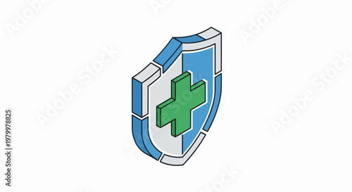 Isometric Medical Protection Shield with Green Cross Icon for Healthcare and Health Insurance Concepts