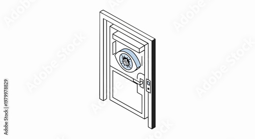 Isometric Illustration of a Door with a Large Eye Representing Surveillance, Privacy, and Big Brother Concepts on a White Background