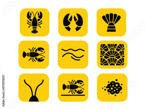 Set of lobster and seafood themed flat icons on yellow squares.
