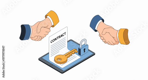 Secure Digital Contract Agreement with Business Handshake, Key and Lock on Tablet Isometric Illustration