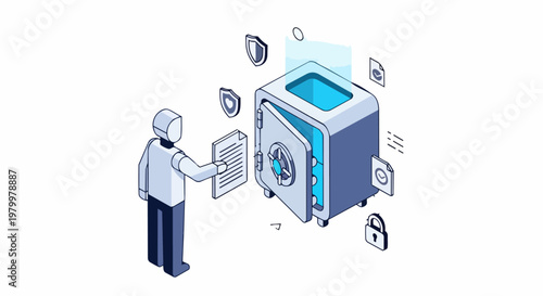 Isometric Cybersecurity Concept: Man Placing Important Document in Secure Bank Vault for Data Protection and Digital Privacy