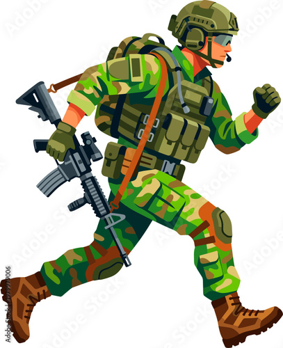 Camouflaged soldier in green gear running with an assault rifle