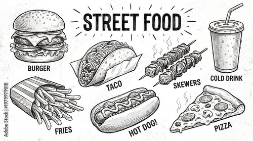 Vintage street food illustration a delicious collection of fast food favorites in black and white