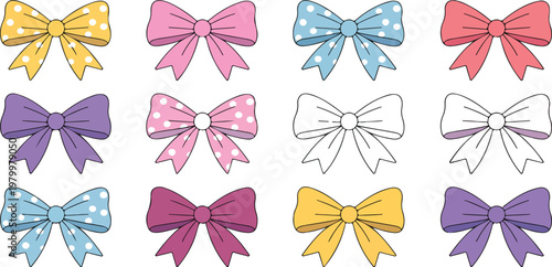 Fotografie Set of cute colorful bows in simple flat style on white background, decorative r