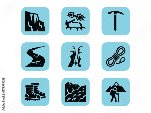 Set of Nine Mountaineering and Hiking Activity Icons.