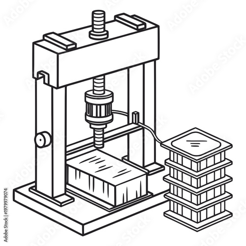 Illustration of a hydraulic press machine compressing a block of material with industrial press hydraulic power technical illustration line drawing heavy industry equipment testing hydraulic ram