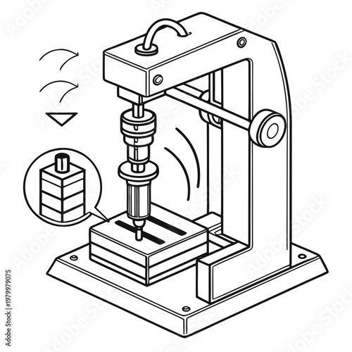 Line art illustration of a drill press machine working on a metal component with drilling machine industrial equipment technical drawing heavy industry bench drill pillar drill bit