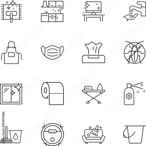 Home cleaning and sanitation vector icon set, vacuum, mask, mop, spray, window, kitchen, toilet, robot, pest