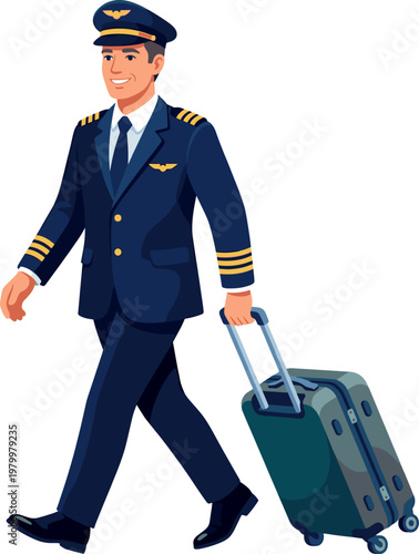 Confident male pilot walking with a rolling suitcase