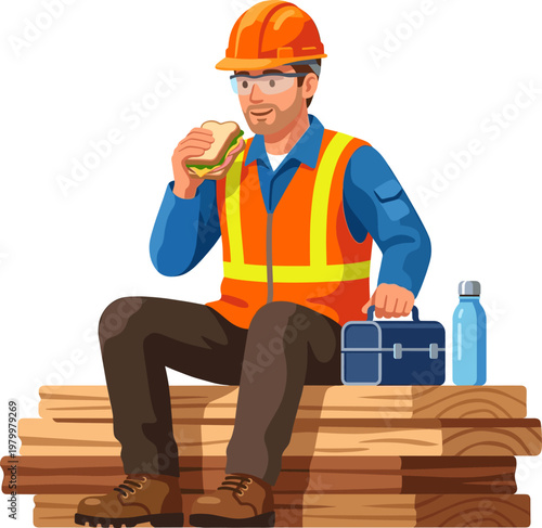 Construction employee eating a sandwich during a lunch break on site