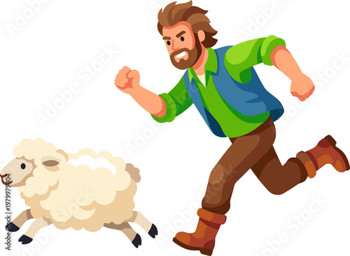 Determined male farmer running after a fluffy white sheep