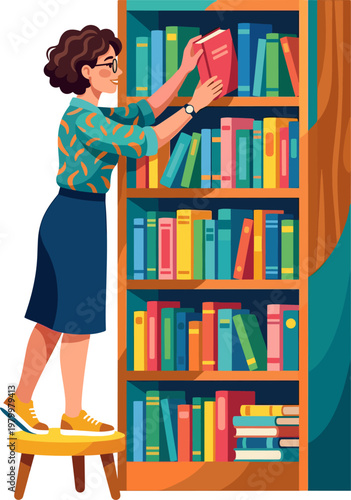 Diligent librarian standing on a stool to organize books on a high wooden shelf