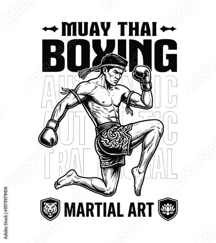 Dynamic illustration of a muscular Muay Thai boxer performing a high kick in midair with traditional emphasizing the sports intensity and authentic martial art heritage vintage retro 