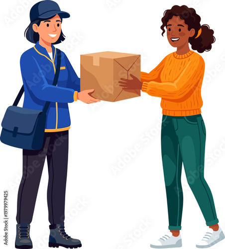 Delivery woman handing cardboard box parcel to smiling female customer