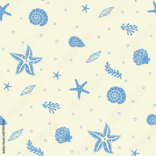 Tossed sea shell seamless pattern in beige and blue