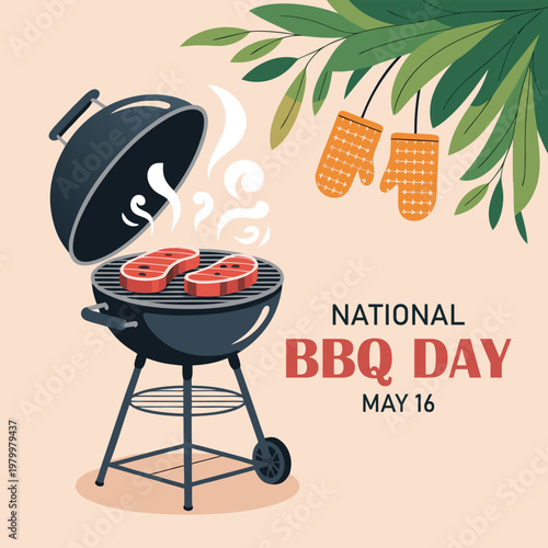 Colorful graphic celebrating National Barbecue Day on May 16th, featuring a grilling image with a playful style. Vector illustration.