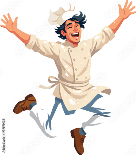 Ecstatic cook jumping for joy while covered in flour