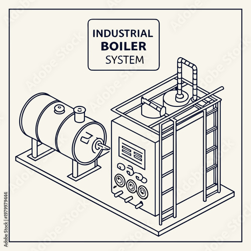 Industrial boiler system isometric line drawing with line art industrial equipment production equipment engineering manufacturing isometric illustration blueprint schematic industry
