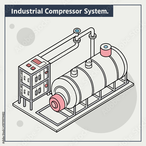 Industrial compressor system isometric line drawing with line art industrial equipment air compressor production pressure equipment engineering manufacturing isometric illustration blueprint