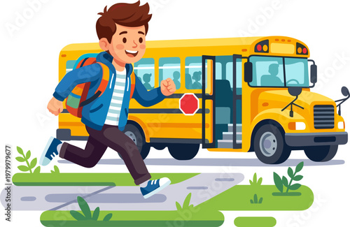 Excited schoolboy running to catch yellow school bus