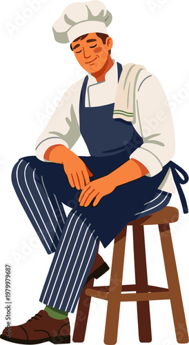 Exhausted cook resting on a wooden stool after a long shift