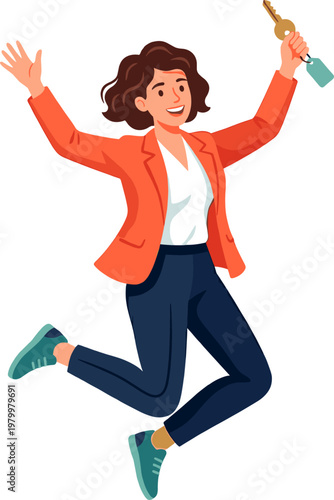Excited woman jumping with joy while holding new house key