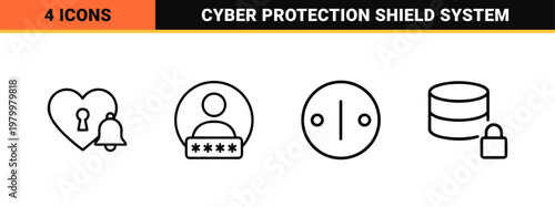 Cyber security and data protection minimalist outline icon set.