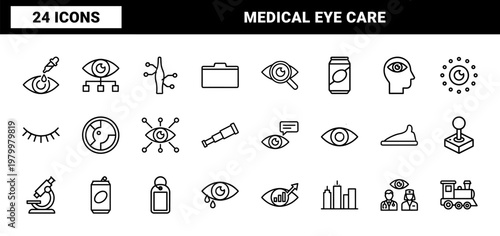 Minimalist eye care and ophthalmology line icons for medical vision technology.