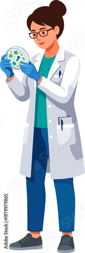 Female biologist examining microbial cultures in glass petri dish