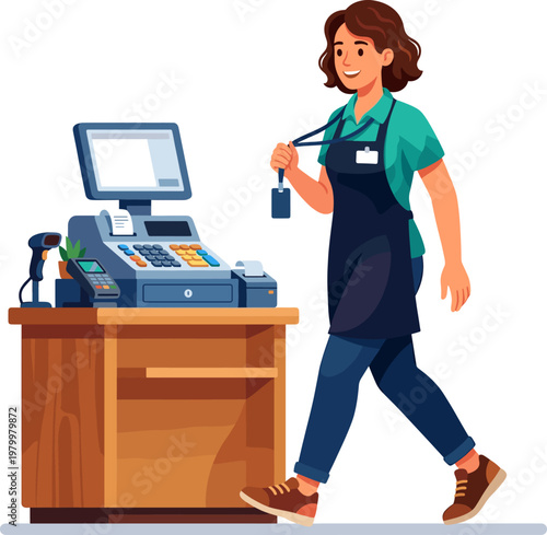 Female cashier walking to checkout counter in retail grocery store