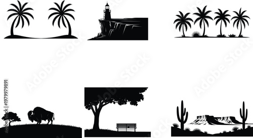 Black and white silhouettes of various landscapes and animals palm trees lighthouse