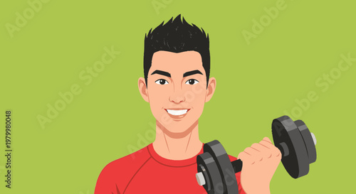 Young man lifting dumbbell in front of a green background exercise concept