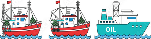 Fishing boats and oil tanker ship vector illustration set featuring commercial fishing vessel and industrial oil transport ship