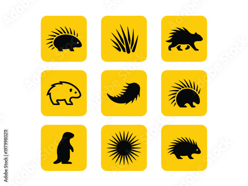 Set of Nine Porcupine and Hedgehog Icons on Yellow Squares.