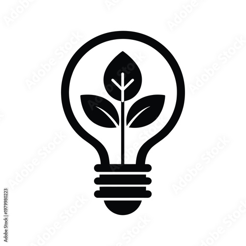 Eco-friendly lightbulb silhouette with plant sprout, symbolizing green energy and sustainable innovation