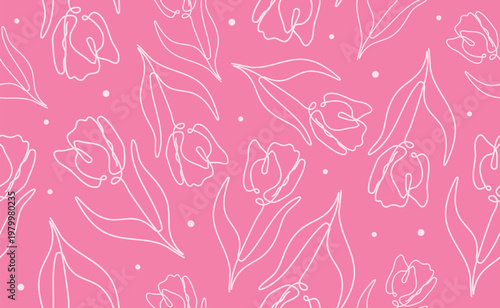 Mother's Day tulip line art seamless pattern with flowing continuous drawing