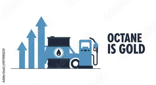 Fuel truck with rising arrows in blue graphic illustration for business finance
