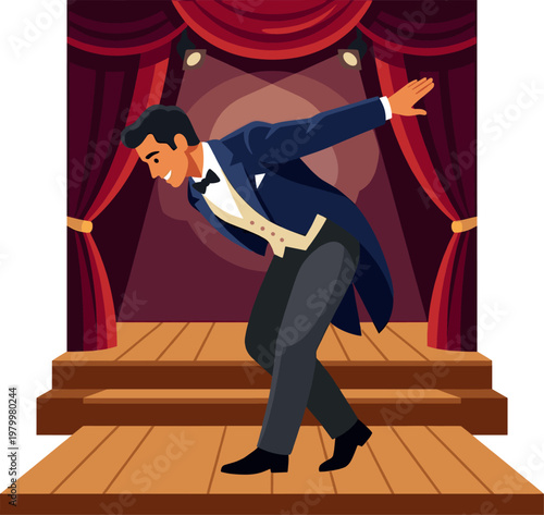 Gentleman in formal tuxedo bowing on a wooden stage with red curtains