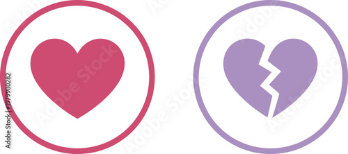 Pink whole heart and purple broken heart icons representing love and emotional distress or relationship breakup