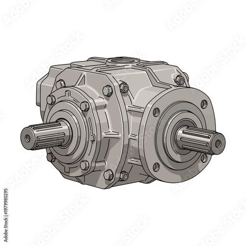 Industrial Gearbox with Dual Shafts, Mechanical Engineering Component, Isolated on White