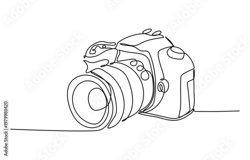 Camera one linear drawing. Continuous one line photography tool, minimal logo icon, fine line tattoo. Vector art illustration.