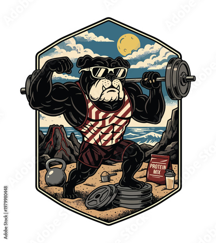 Muscular bulldog wearing sunglasses and workout attire performing barbell squats on a beach with a volcano and ocean in the background vintage retro gym t-shirt design
