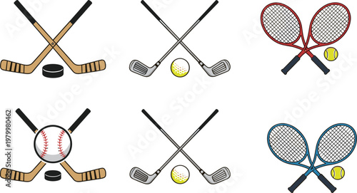 Sports equipment set with hockey sticks, golf clubs and tennis rackets, athletic game gear vector illustration isolated on white background