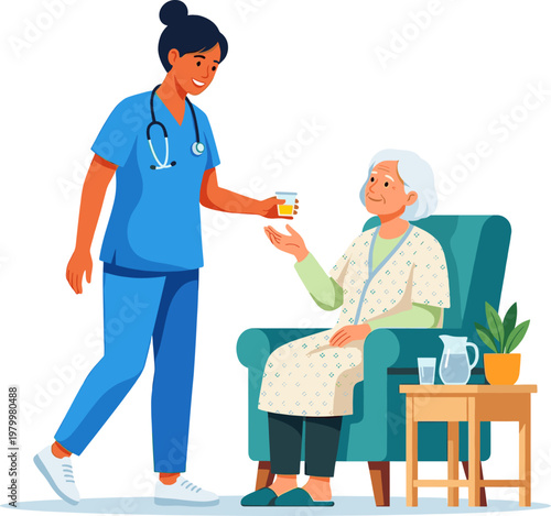 Homecare provider offering a cup of medicine to a senior woman