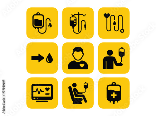 Set of medical icons representing blood donation and transfusion procedures.