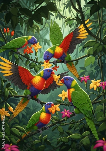Vibrant Lorikeets Amidst Lush Tropical Foliage and Exotic Blooms.