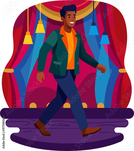 Male actor walking across a theater stage with curtains and spotlights