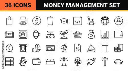 Minimalist financial planning and debt management outline icon set