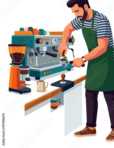 Male barista tamping coffee grounds at a cafe counter
